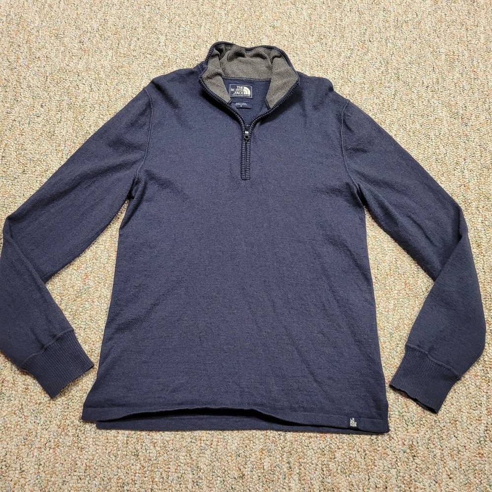 The North Face Sweater Mens Small Blue Quarter Zip Pullover Wool Blend Hiking